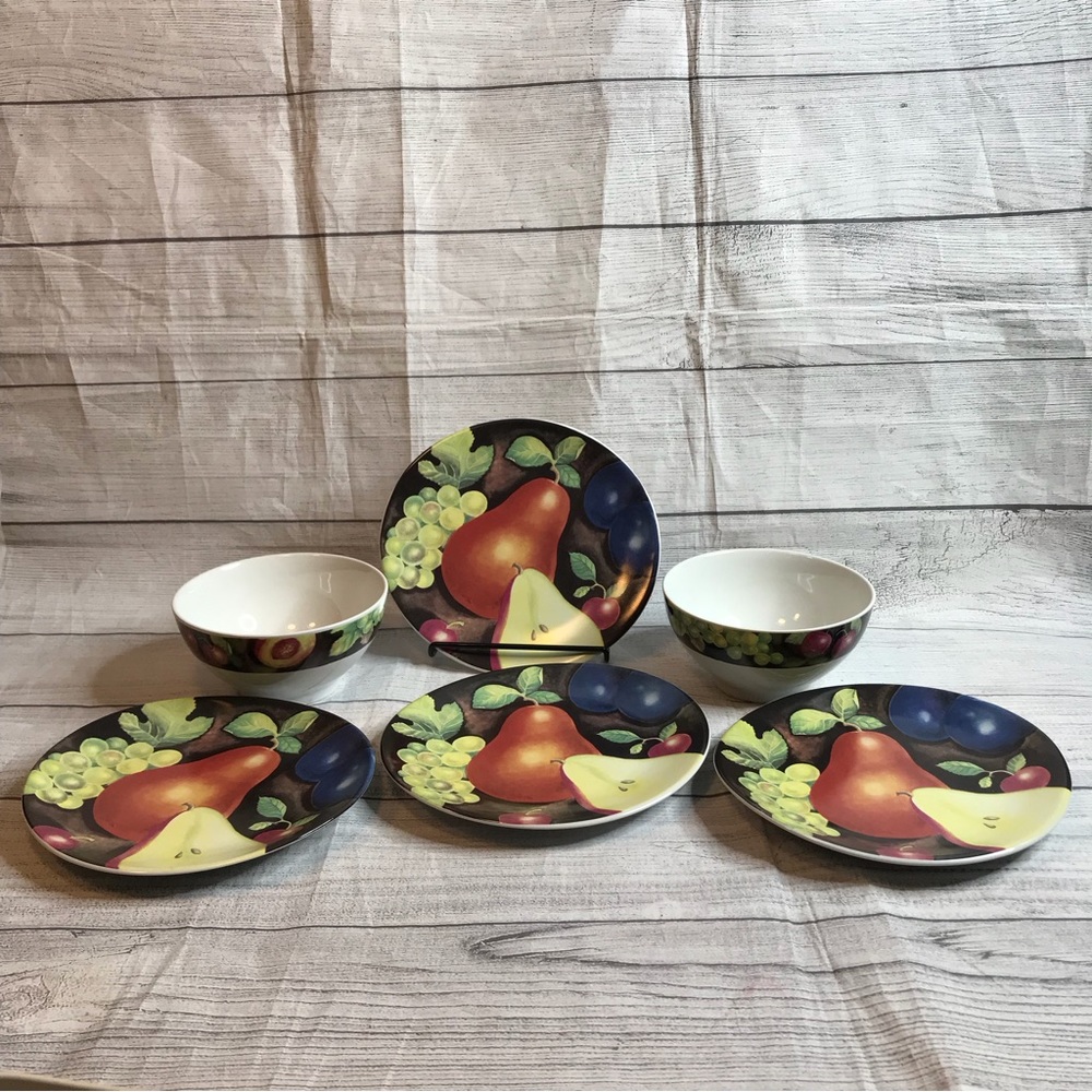 Set of Four Furio Salad Plates AND Two Soup/Cereal Bowls Eden Fruit Pattern